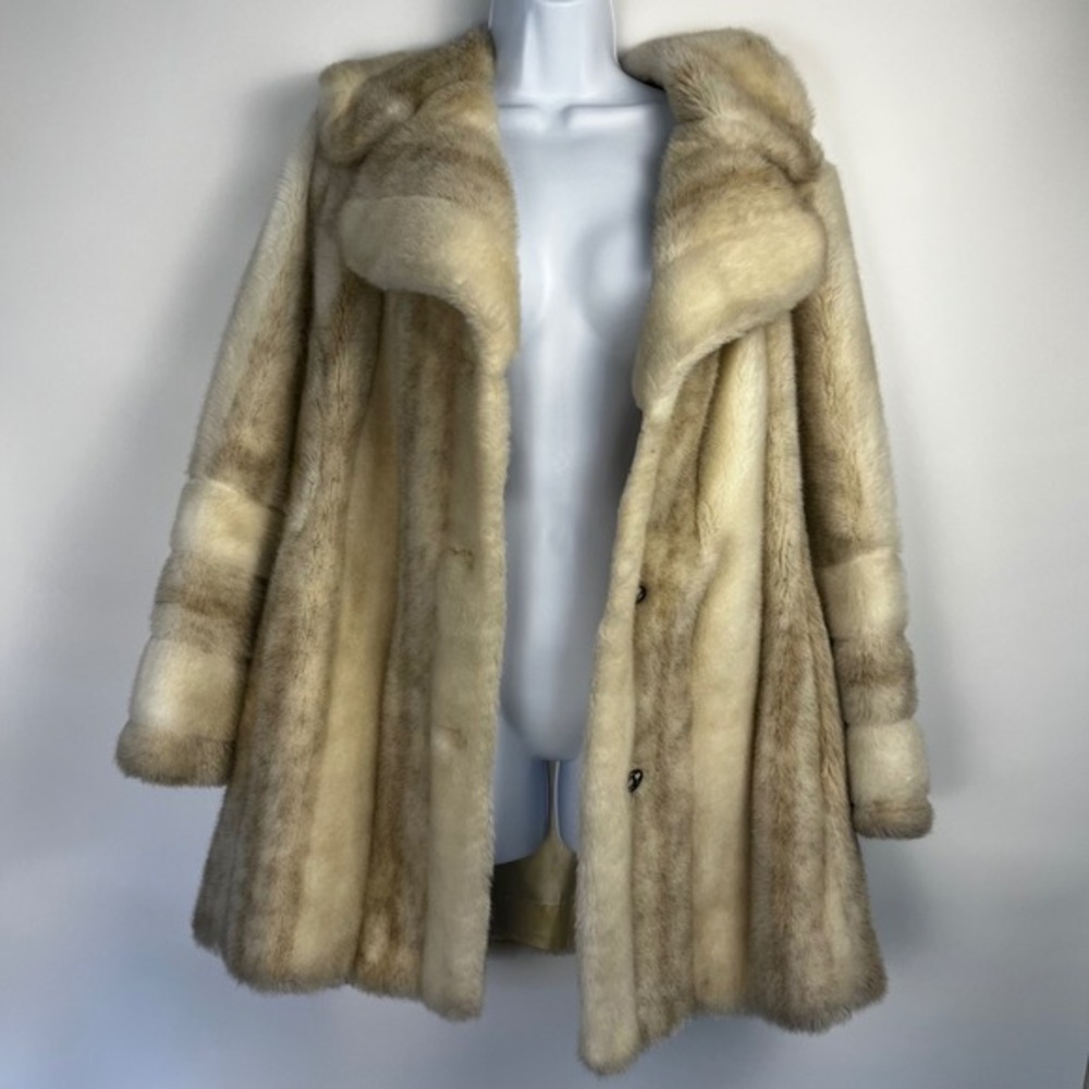 Central Park Joli Pel Vintage Faux Fur Coat Cream Striped Shawl Collar Glamour